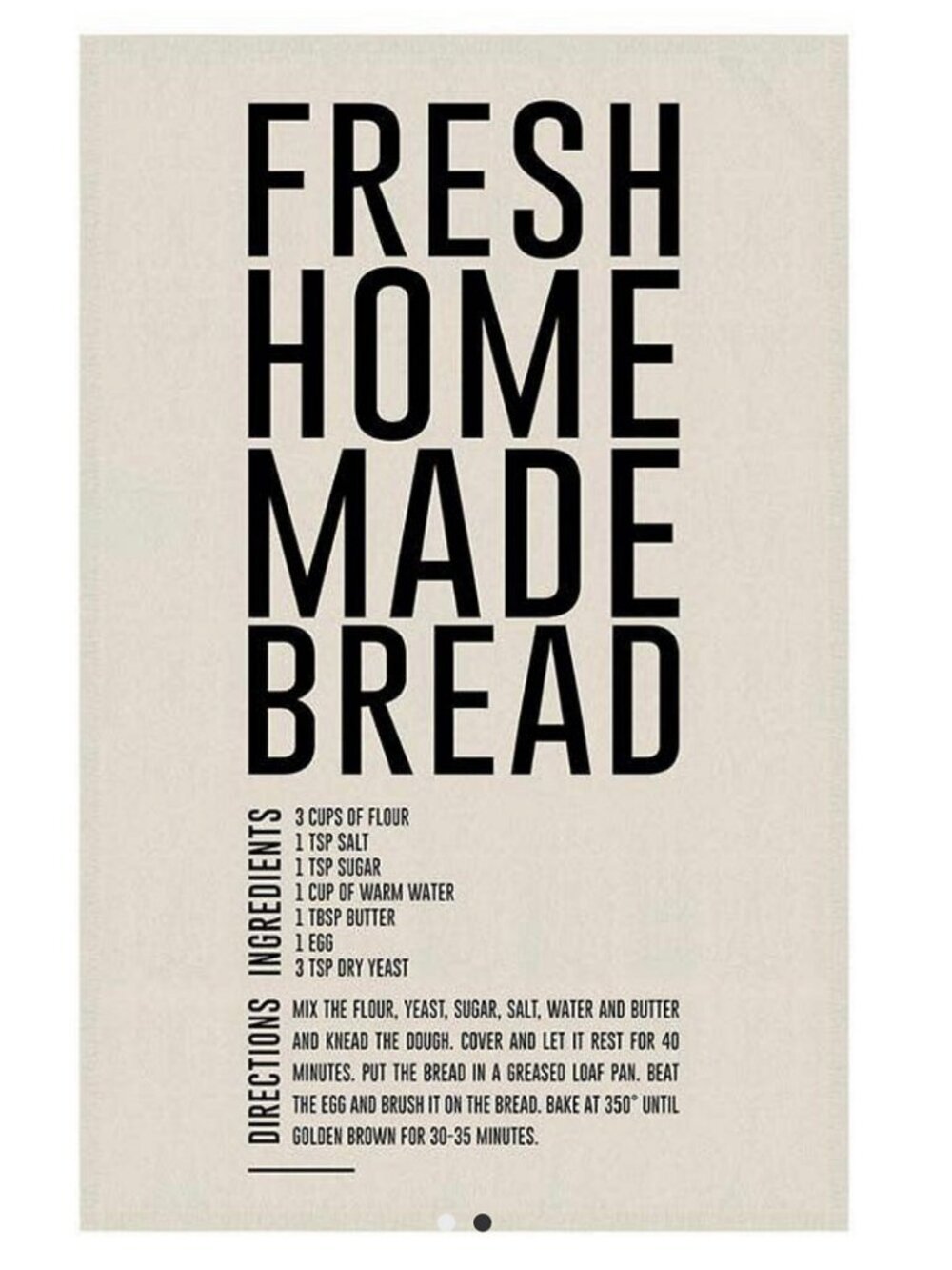Fresh Home-Made Bread Cotton Tea Towel, 28 x 18-Inch, NWT